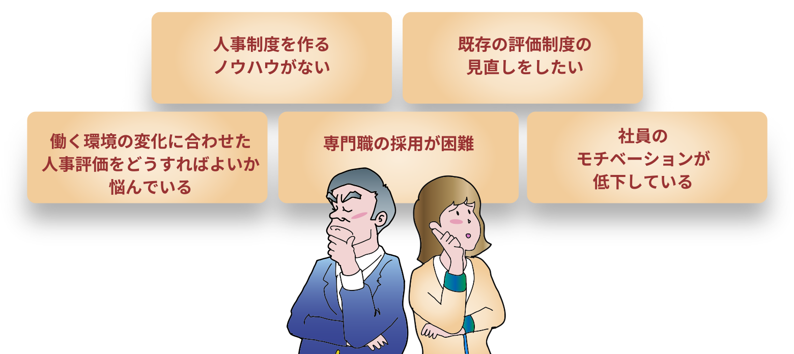 人事制度を作るノウハウがない / 既存の評価制度の見直しをしたい / 働く環境の変化に合わせた人事評価をどうすればよいか悩んでいる / 専門職の採用が困難 / 社員のモチベーションが低下している